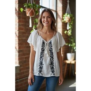 Maurices Womens 2X‎ Embroidered Tassel Tie White Flutter Sleeve Blouse Top